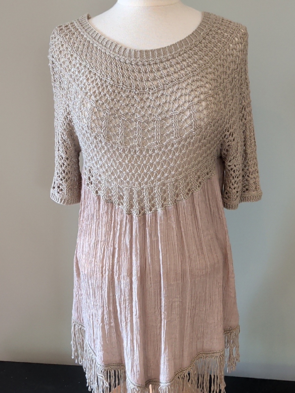 Bohemian Crochet Tunic w/ Crochet Sleeves and Crinkle Body w/ Fringe. Soft Beige